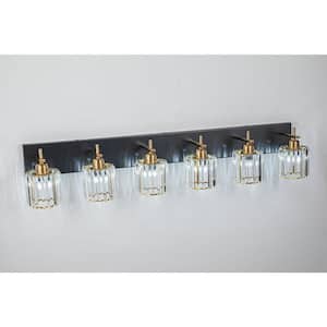 Orillia 43.3 in. 6-Light Black and Gold Bathroom Vanity Light with Crystal Shade Wall Sconce Over Mirror