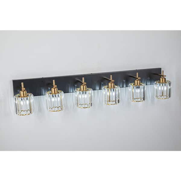 EDISLIVE Orillia 43.3 in. 6-Light Black and Gold Bathroom Vanity Light with Crystal Shade Wall Sconce Over Mirror