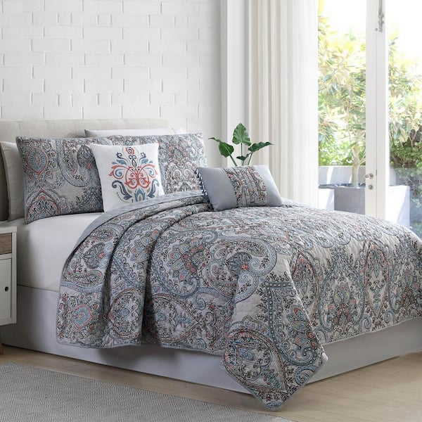 MODERN THREADS 4-Piece Multi-Colored Printed Reversible Romley Twin Microfiber Quilt Set