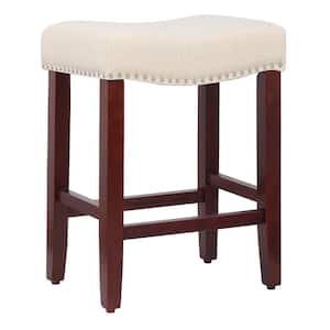 Jameson 24 in. Counter Height Cherry Wood Backless Nailhead Trim Barstool with Upholstered Beige Linen Saddle Seat