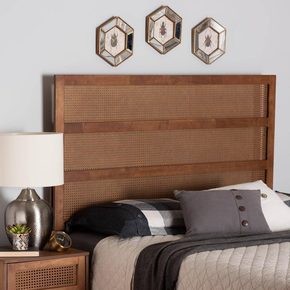 Ash Walnut King Wood Headboard with Rattan