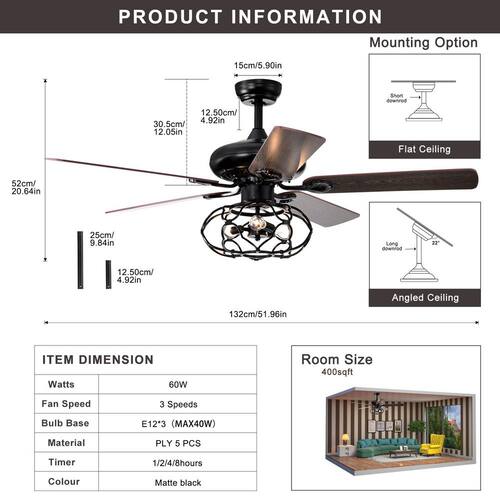 52 in. Smart Indoor Low Profile Ceiling Fan with Lights and Optional Remote, Black dubbin Ceiling Fans With Lights
