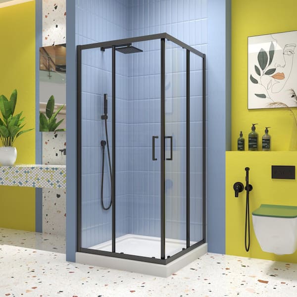 36 in. W x 72 in. H Corner Sliding Shower Door Framed in Matte Black Finish with Clear Glass