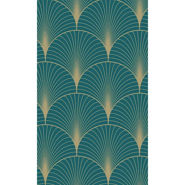 Walls Republic Teal and Gold Art Deco Fan Motif Print Non Woven Non-Pasted Textured Wallpaper 57 sq. ft.