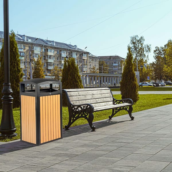 40 Gal. Cedar Panel Steel All-Weather Outdoor Commercial Trash Can Receptacle with Lid and Liner