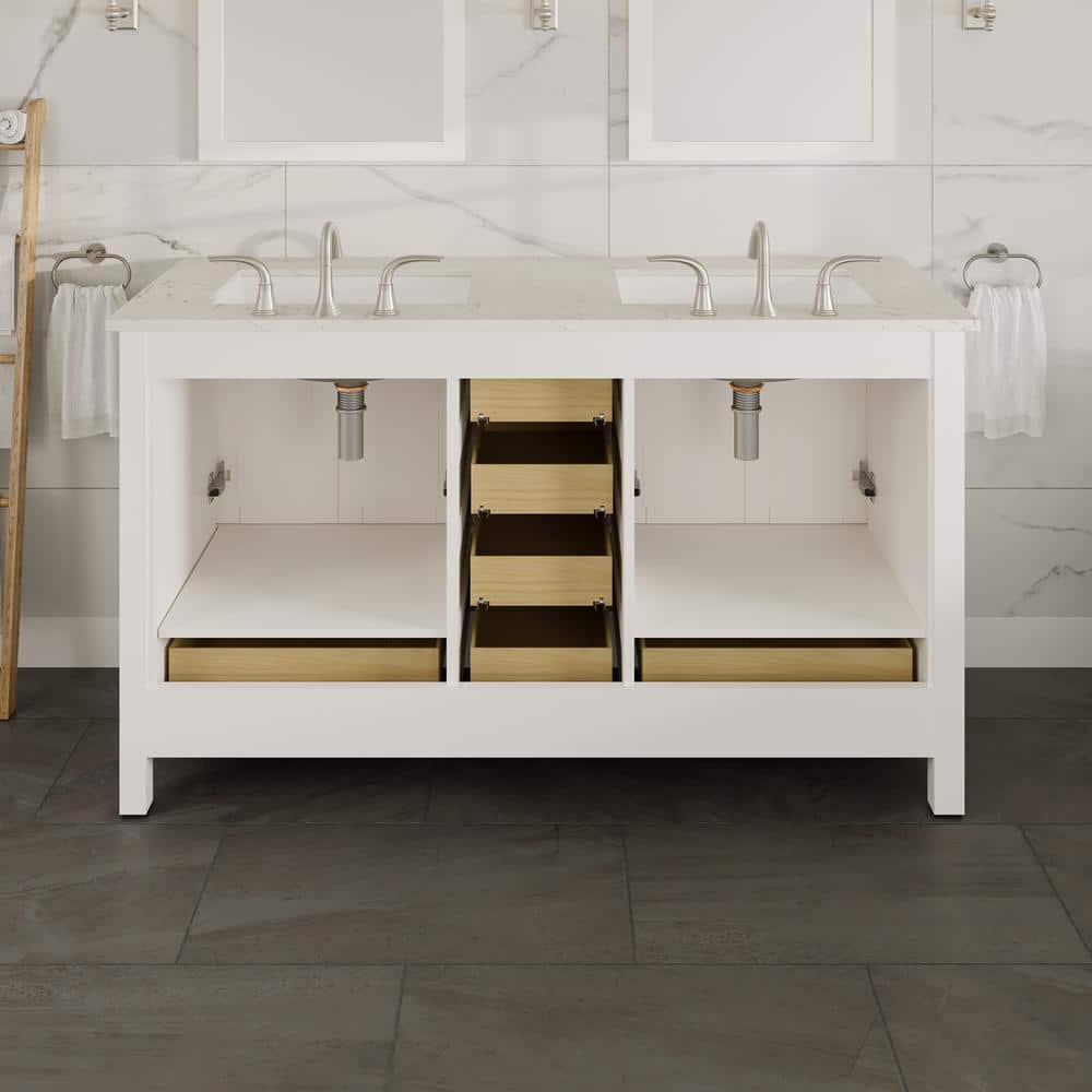 Aberdeen White Double Sink Bathroom Vanity with Carrara Quartz Top