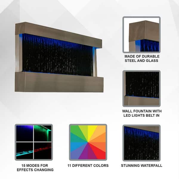 47 in. Indoor Wall-Mounted Waterfall Mirror Fountain - LED Lighted Silver Metal Decor with Rock Base by