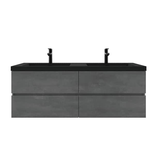 Edi 60 in. Double C. Ash Bath Vanity Wall-Mounted Floating Vanities with Matte Black Resin Stone Top, 4 Drawers Modern