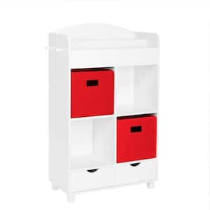 23.5 in. Wide Painted Finish Kids Book Nook Cubby Toy Storage Cabinet with Bookshelf, Drawers and  2-Piece Red Bins