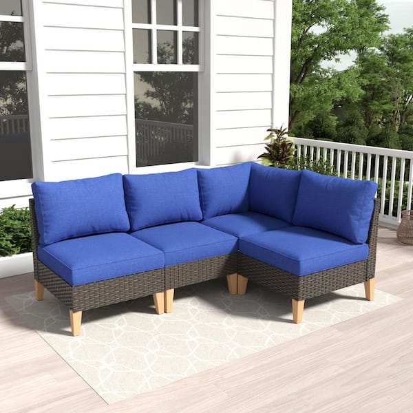 Gymojoy Chic Relax Brown 4-Piece Wicker Patio Corner Couch Outdoor Sectional Sofa with Blue Cushions