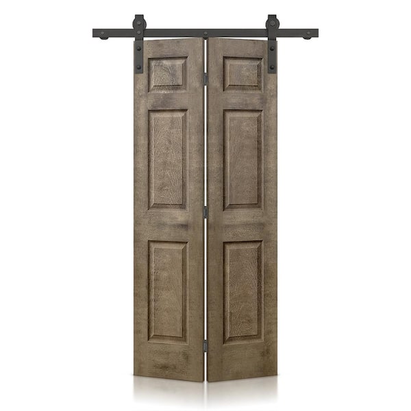 CALHOME 30 in. x 80 in. Vintage Brown Stain 6 Panel MDF Composite Hollow Core Bi-Fold Barn Door with Sliding Hardware Kit