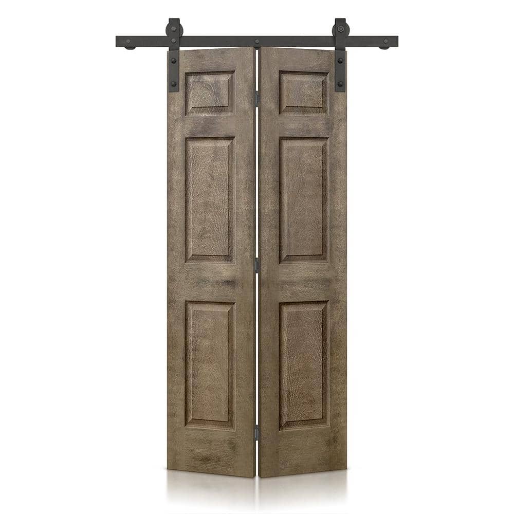 CALHOME 36 in. x 80 in. Vintage Brown Stain 6 Panel MDF Composite Hollow Core BiFold Barn Door