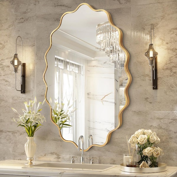 24 in. W x 36 in. H Oval Gold Aluminum Alloy Framed Scalloped Wavy Wall Mirror