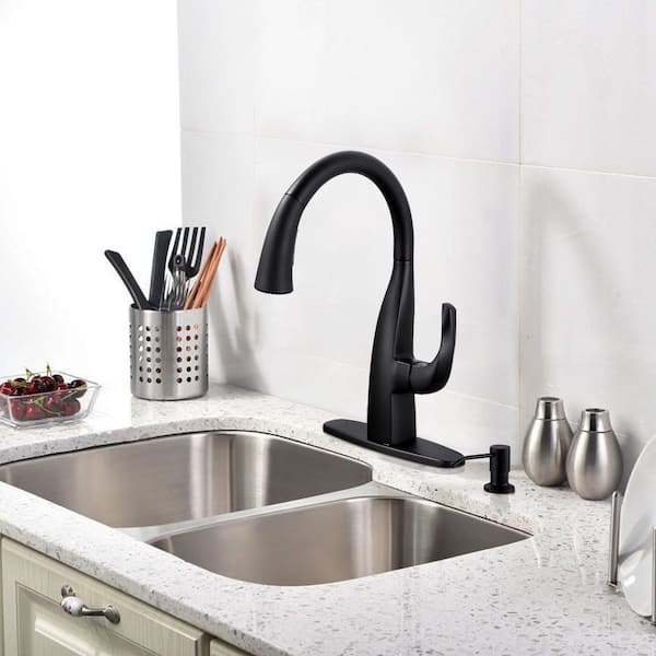 Single Handle Pull Down Sprayer Kitchen Faucet with Soap Dispenser in Matte Black