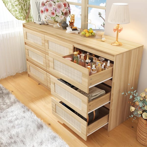 FUFU&GAGA Rattan Wood Finish 9-Drawer 62.9 in. x 15.7 in. x 31.9 in. Dresser,  Wooden Chest of Drawers for Bedroom, Living Room Y-THD-210322-01 - The Home  Depot