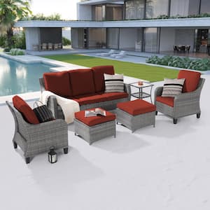 6-Piece Patio Conversation Sofa Set Gray Wicker with Side Table and Thickening Cushions, Rust Red