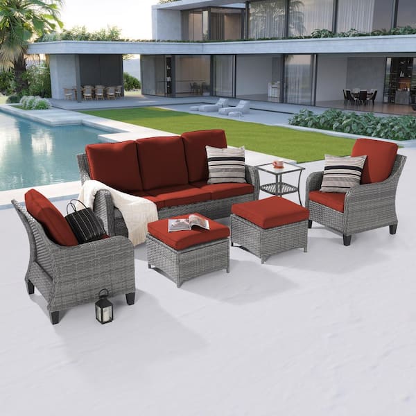 Sonkuki 6-Piece Patio Conversation Sofa Set Gray Wicker with Side Table and Thickening Cushions, Rust Red