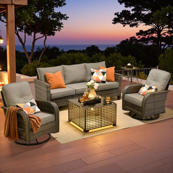 Nvelyn Gray 5-Piece Wicker Patio Conversation Set with Dark Gray Cushions and Swivel Chairs