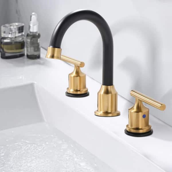 8 in. Widespread 3 Hole Double Handle Bathroom Faucet with Pop-up Drain and cUPC Water Supply Lines in Black and Gold