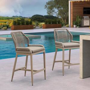 Modern Aluminum Twill Wicker Woven Bar Height Outdoor Bar Stool with Back and Sunbrella Taupe Cushion (2-Pack)