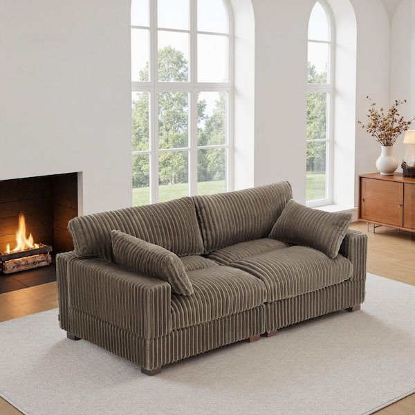 Uixe 80.32 in. Square Arm Faux Rabbit Fur Fabric Upholstered