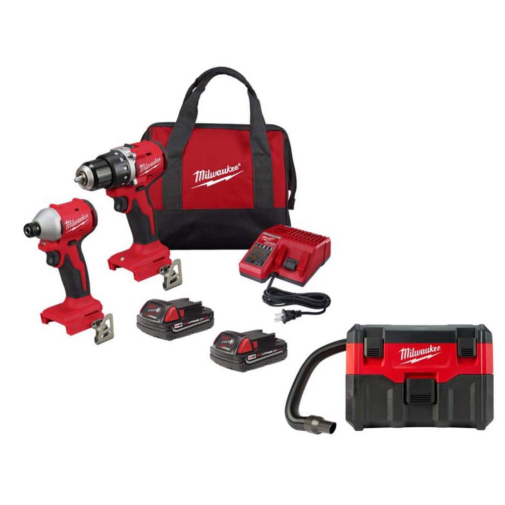 Milwaukee M18 18-Volt Lithium-Ion Brushless Cordless Compact Drill/Impact Combo Kit w/(2) Batteries, Charger, Bag & M18 2 Gal Vac -  3692-22CT-0880