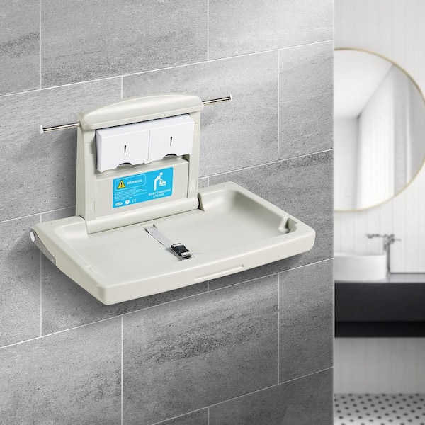 Wall-Mounted Baby Changing Station Horizontal Foldable Diaper Change Table Safety Straps and Hanging Rods