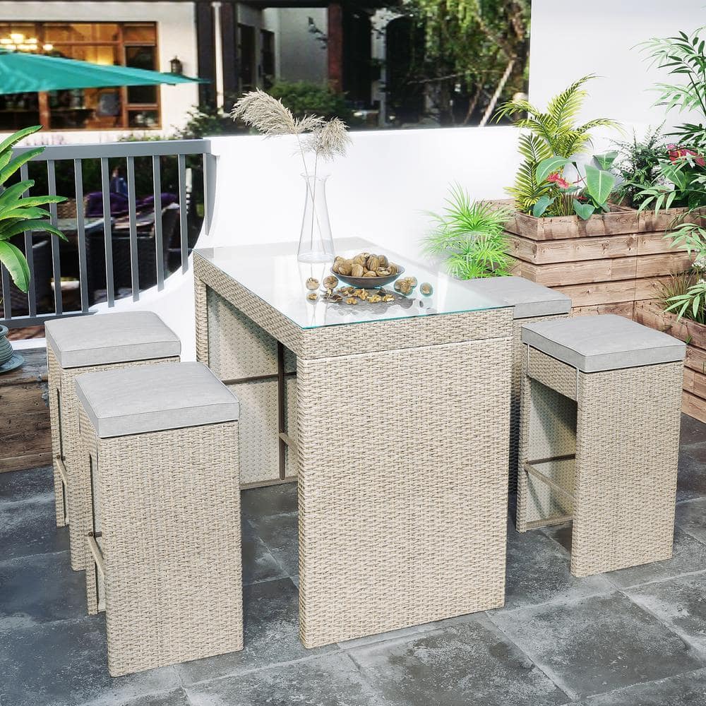 Brown 5-Piece Wicker Rectangle Bar Outdoor Dining Set with 4 Stools and Bro