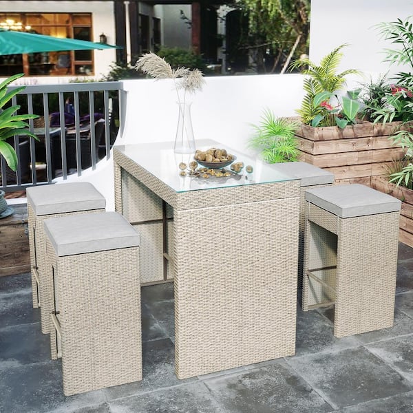 Unbranded Brown 5-Piece Wicker Rectangle Bar Outdoor Dining Set with 4 Stools and Brown Cushion