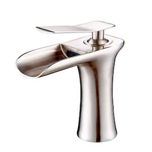Single-Handle Single-Hole Waterfall Bathroom Faucet in Brushed Nickel
