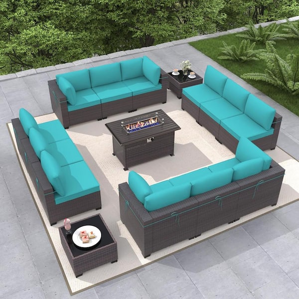 Halmuz 15 Pieces Wicker Patio Conversation Set with Glass Coffee Table, Fire Pit Table and Blue Cushions