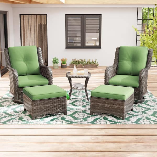 5-Piece Wicker Patio Outdoor Conversation Rocking Chair Set with Green Cushions
