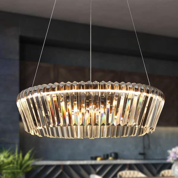 Uolfin Modern Dining Room Wagon Wheel Chandelier Built-in LED Plating Brass Chandelier with Crystal Strips