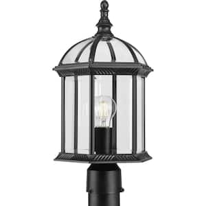 Dillard 1-Light Textured Black Outdoor Post Lantern with Beveled Glass Shade Transitional Coastal