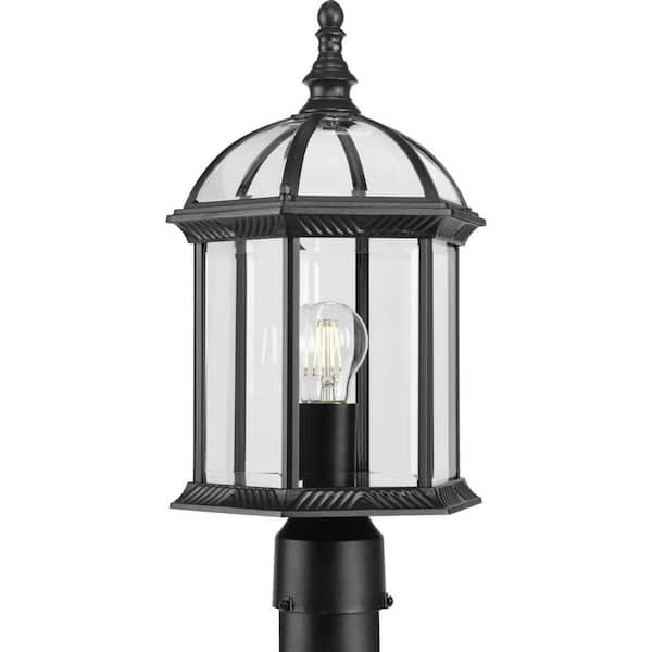 Progress Lighting Dillard 1-Light Textured Black Outdoor Post Lantern with Beveled Glass Shade Transitional Coastal
