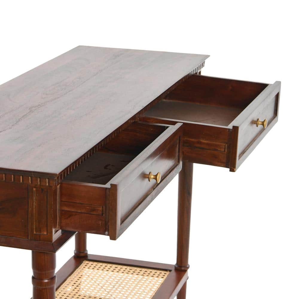Maxwelton Dark Brown Wood Console Table with Cane Shelf