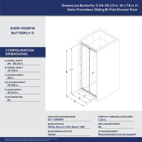 BUTTERFLY - S DreamLine Butterfly-S 35.5 in. W x 73.875 in. H Sliding Semi