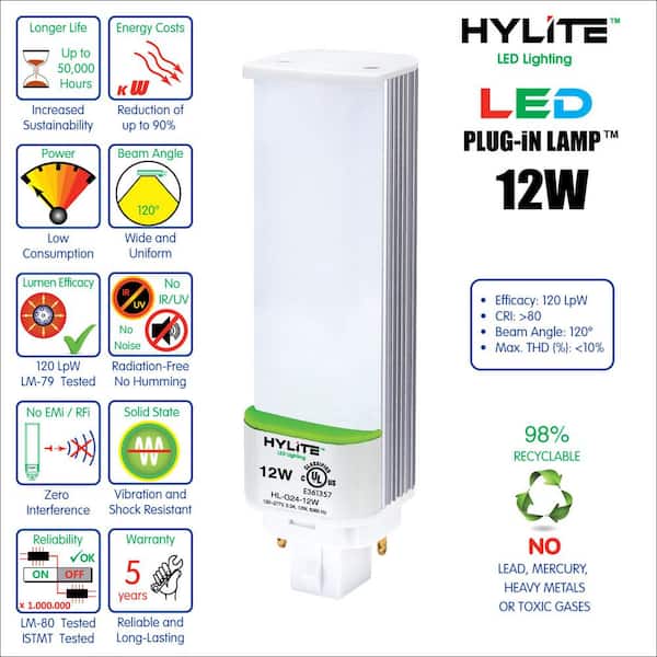 Hy-Lite 12W PL LED Lamp 32W/42W CFL Equivalent 3500K 1360 Ballast Bypass 120-277V UL Listed (10-Pack) HL-G24-12W-35K - The Home Depot