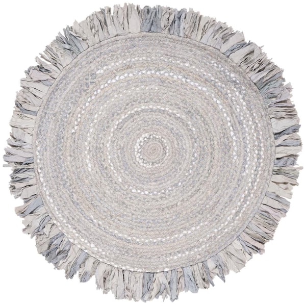 SAFAVIEH Braided Light Gray 4 ft. x 4 ft. Round Solid Striped Area Rug