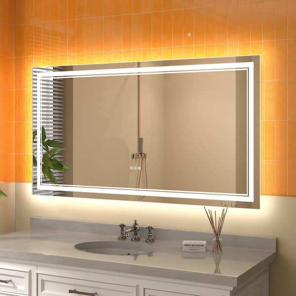 ExBrite Derrin 55 in. W x 30 in. H Large Rectangular Frameless Anti-Fog Dimmable LED Wall Bathroom Vanity Mirror in Silver