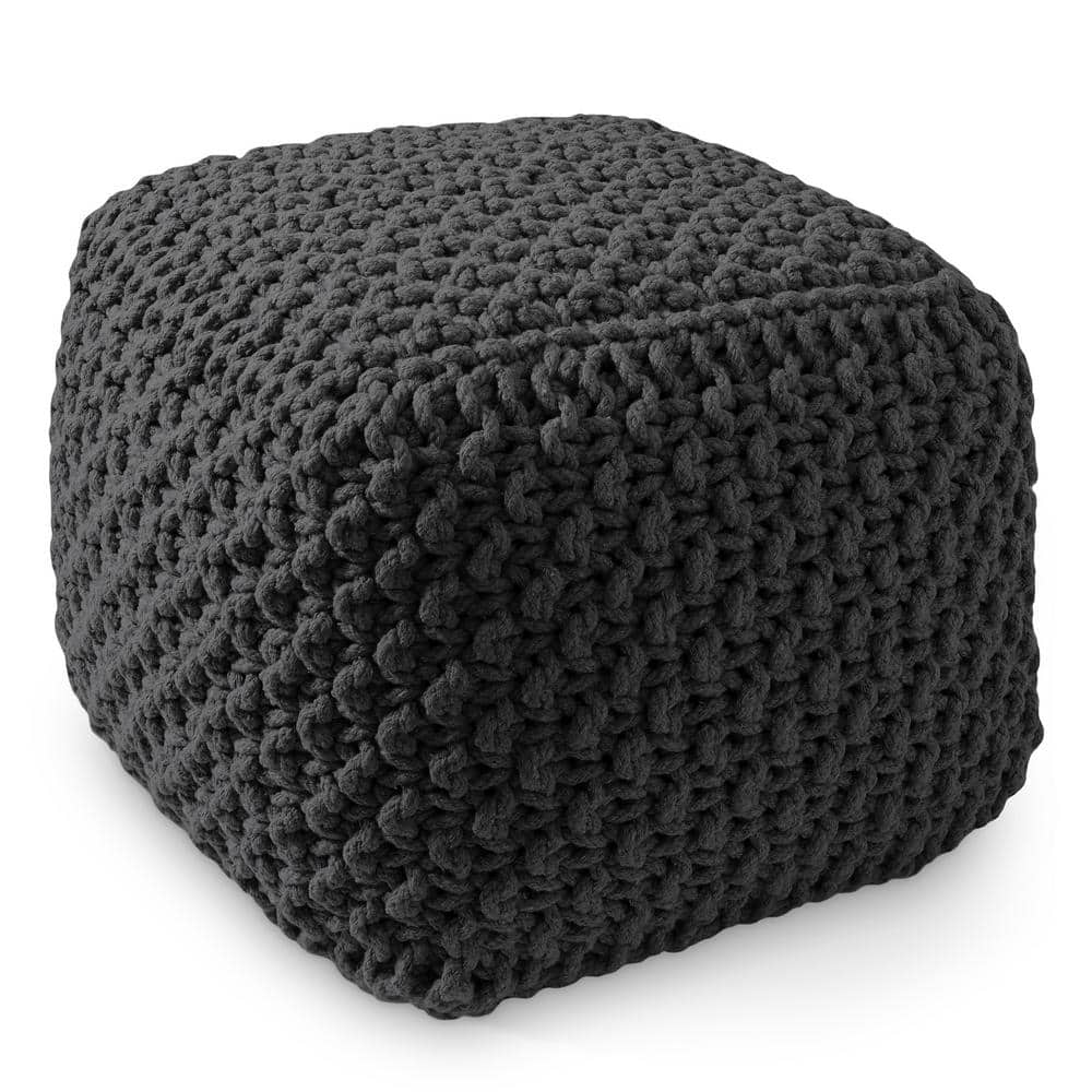 Black Hand-Knitted Cotton Square Pouf Ottoman