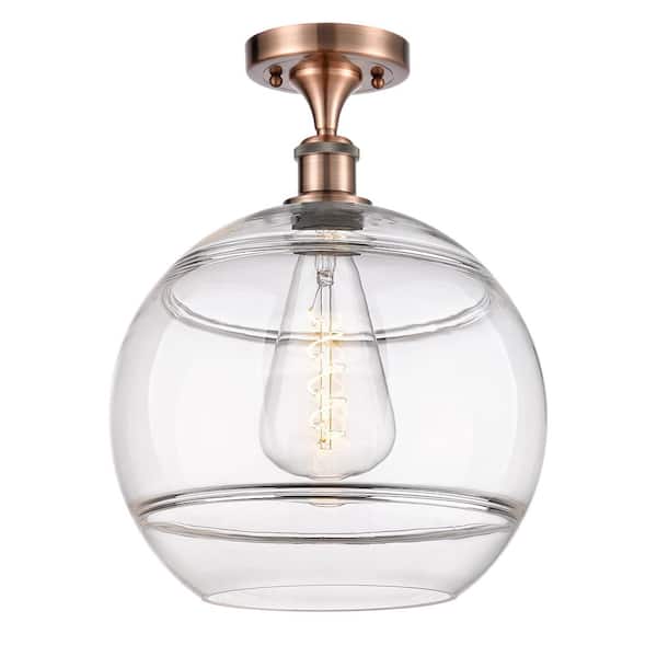 Rochester 12 in. 1-Light Antique Copper Industrial Semi-Flush Mount with Clear Glass Shade