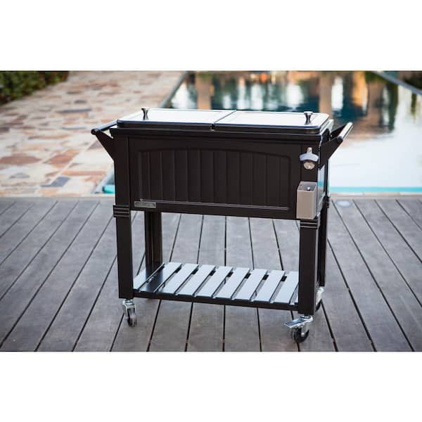 Patio Chest Cooler 80 Qt Rolling Furniture Style Steel in Black with Split Lid 