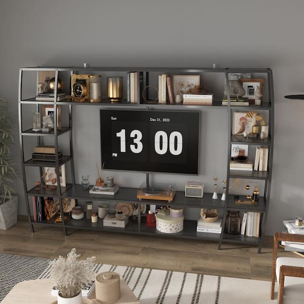 FUFU&GAGA Black Metal Frame TV Stand Entertainment Center Fits TV's up to 60 in. with 12 Open Shelves and Bridge Structure