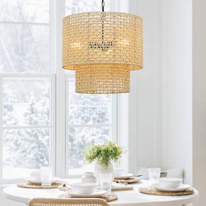 Bohe 19 in. 4-Light Bohemian Pendant with Natural Rattan Shade