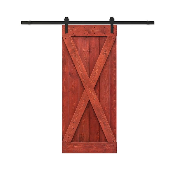 CALHOME 26 in. x 84 in. Cherry Red Stained DIY Wood Interior Sliding Barn Door with Hardware Kit
