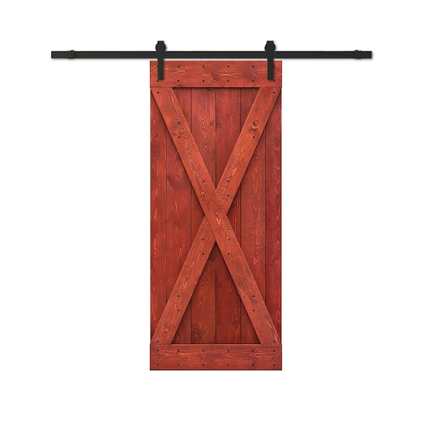 CALHOME 30 in. x 84 in. Cherry Red Stained DIY Wood Interior Sliding Barn Door with Hardware Kit
