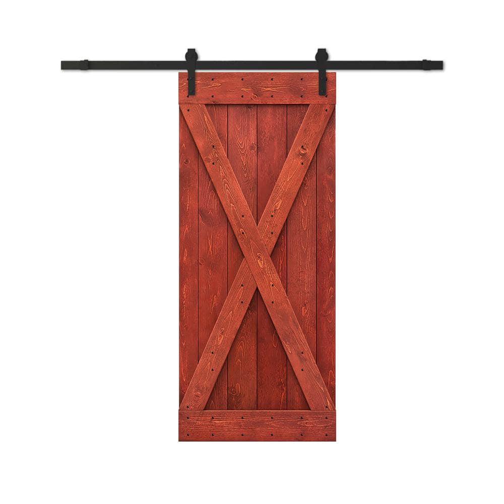 CALHOME 32 in. x 84 in. Cherry Red Stained DIY Wood Interior Sliding Barn Door with Hardware Kit