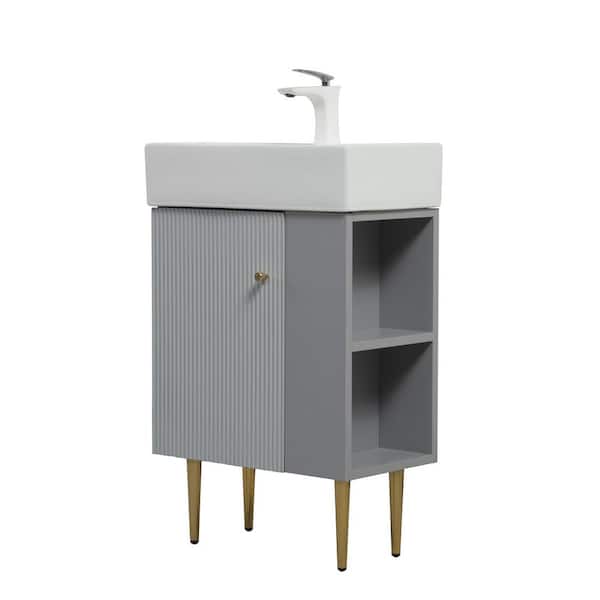 GDFSTUDIO Timell 21.6 in. Modern Freestanding Grey Bath Vanity with White Ceramic Top, Right Side Cabinet, Shelves