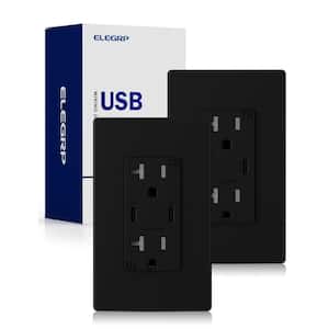 30-Watt Dual Type C USB Duplex Wall Outlet for PD and QC, 20 Amp Receptacle, w/Wall Plate (2-Pack, Black)